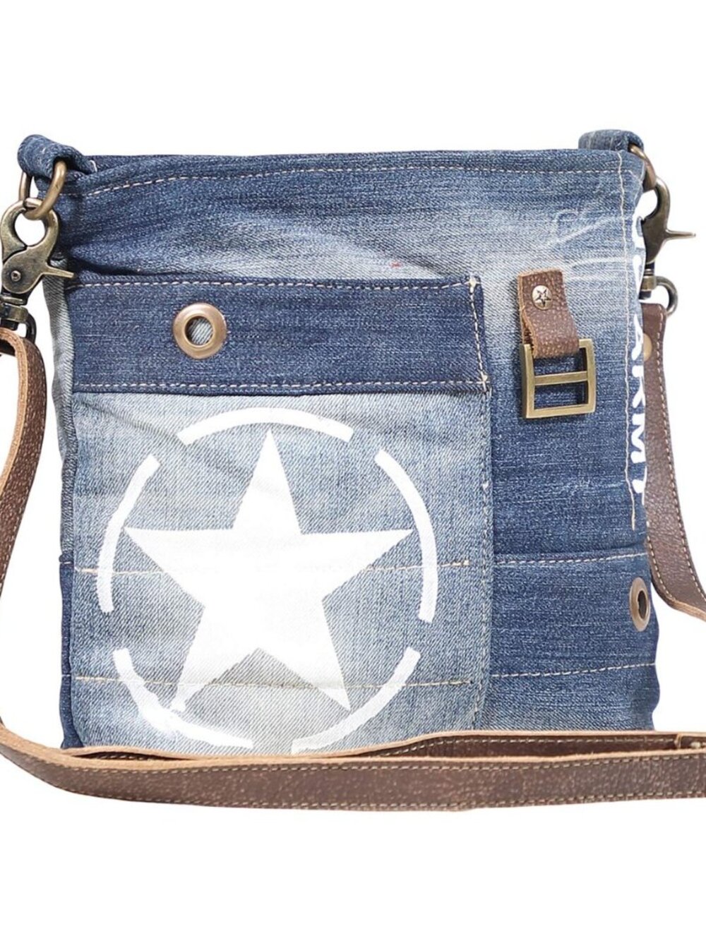 womens Star Denim Upcycled Canvas Cotton & Leather Shoulder Bag S-1627